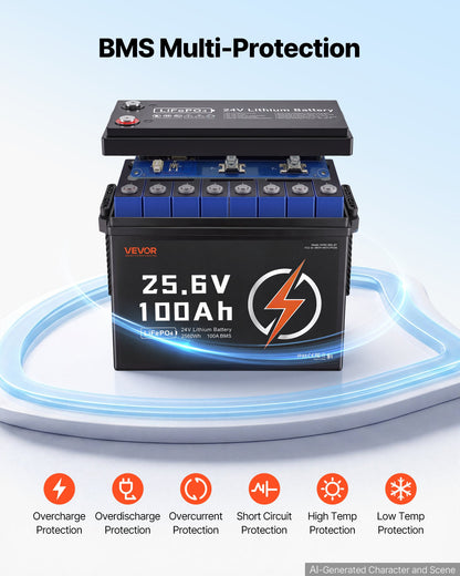 VEVOR 24V 100Ah LiFePO4 Lithium Battery 4000+ Cycles 100A BMS with Bluetooth, 2560Wh Lithium Battery with Low Temperature Protection, Supports 8P2S Connection, for RV, Trolling Motor, Marine, Solar - 24VLDCYLY100MEMJ6001V9 - view 7