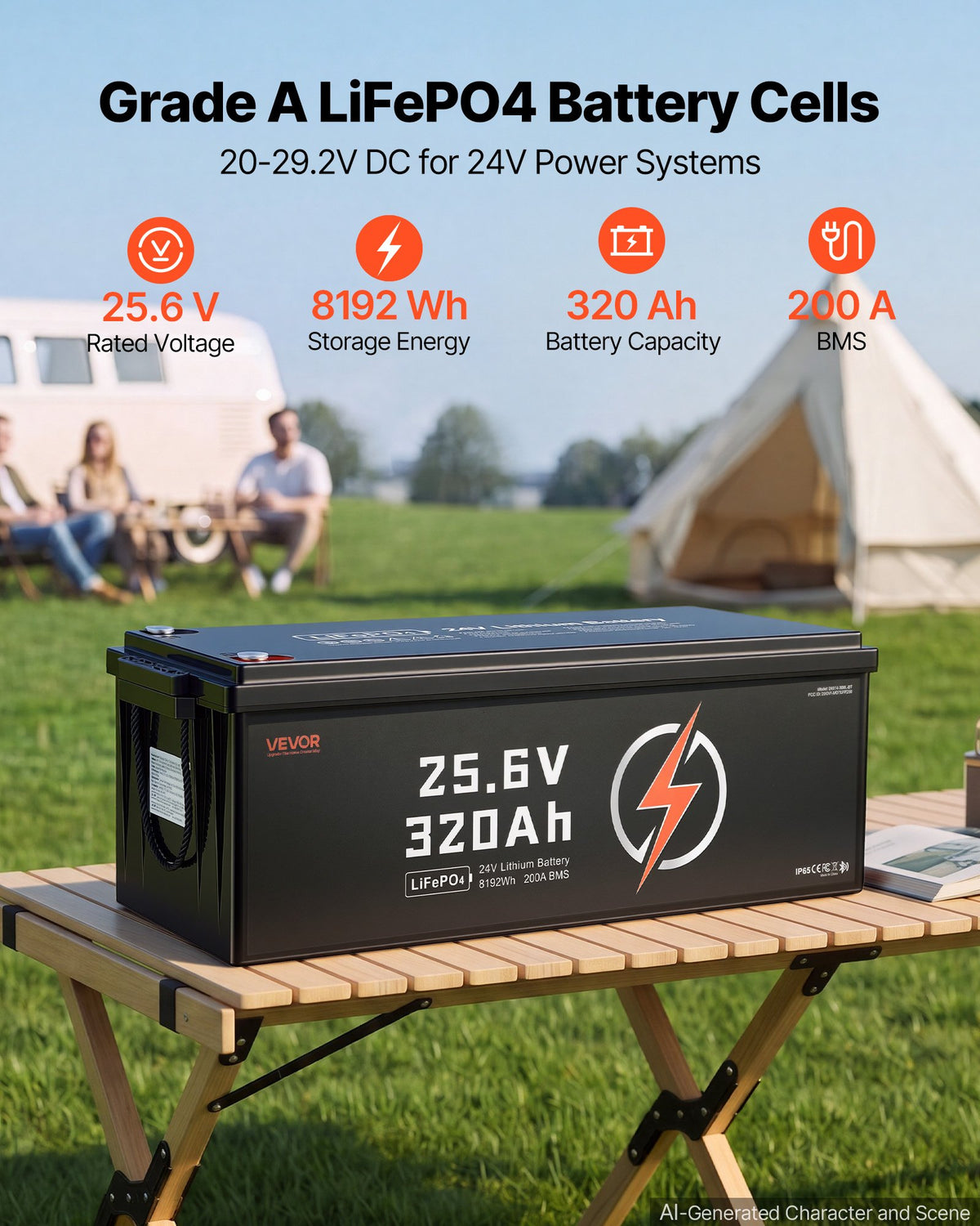 VEVOR 24V 320Ah LiFePO4 Lithium Battery 4000+ Cycles 200A BMS with Bluetooth, 8192Wh Lithium Battery with Low Temperature Protection, Supports 8P2S Connection, for RV, Trolling Motor, Marine, Solar - 24VLDCYLY320XR1ZE001V9 - view 3