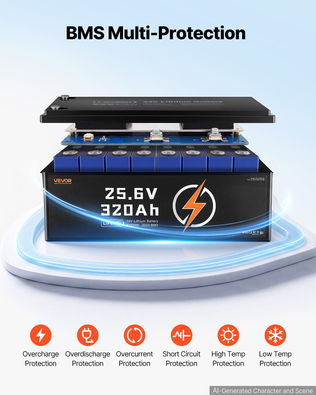 VEVOR 24V 320Ah LiFePO4 Lithium Battery 4000+ Cycles 200A BMS with Bluetooth, 8192Wh Lithium Battery with Low Temperature Protection, Supports 8P2S Connection, for RV, Trolling Motor, Marine, Solar - 24VLDCYLY320XR1ZE001V9 - view 7