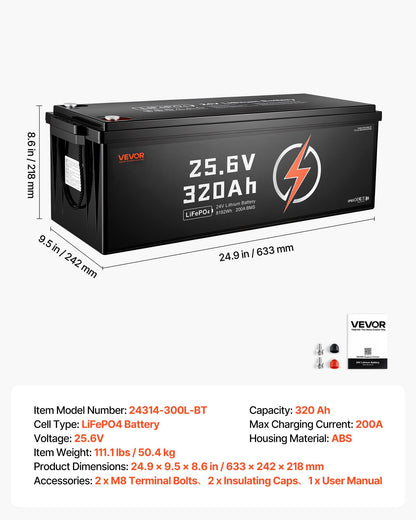 VEVOR 24V 320Ah LiFePO4 Lithium Battery 4000+ Cycles 200A BMS with Bluetooth, 8192Wh Lithium Battery with Low Temperature Protection, Supports 8P2S Connection, for RV, Trolling Motor, Marine, Solar - 24VLDCYLY320XR1ZE001V9 - view 8