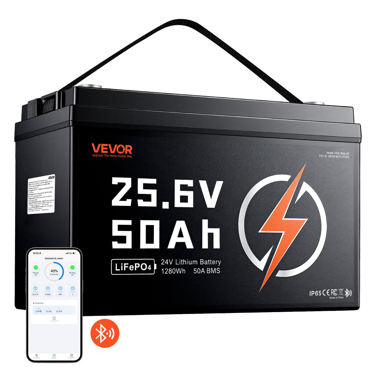 VEVOR 24V 50Ah LiFePO4 Lithium Battery 4000+ Cycles 50A BMS with Bluetooth, 1280Wh Lithium Battery with Low Temperature Protection, Supports 8P2S Connection, for RV, Trolling Motor, Marine, Solar - 24VLDCYLY50A1CZ68001V9 - view 1