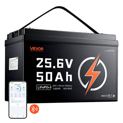 VEVOR 24V 50Ah LiFePO4 Lithium Battery 4000+ Cycles 50A BMS with Bluetooth, 1280Wh Lithium Battery with Low Temperature Protection, Supports 8P2S Connection, for RV, Trolling Motor, Marine, Solar - 24VLDCYLY50A1CZ68001V9 - view 1