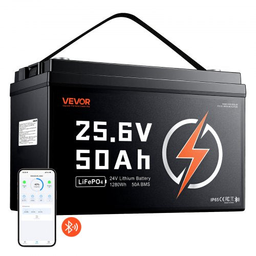 VEVOR 24V 50Ah LiFePO4 Lithium Battery 4000+ Cycles 50A BMS with Bluetooth, 1280Wh Lithium Battery with Low Temperature Protection, Supports 8P2S Connection, for RV, Trolling Motor, Marine, Solar - 24VLDCYLY50A1CZ68001V9 - view 2
