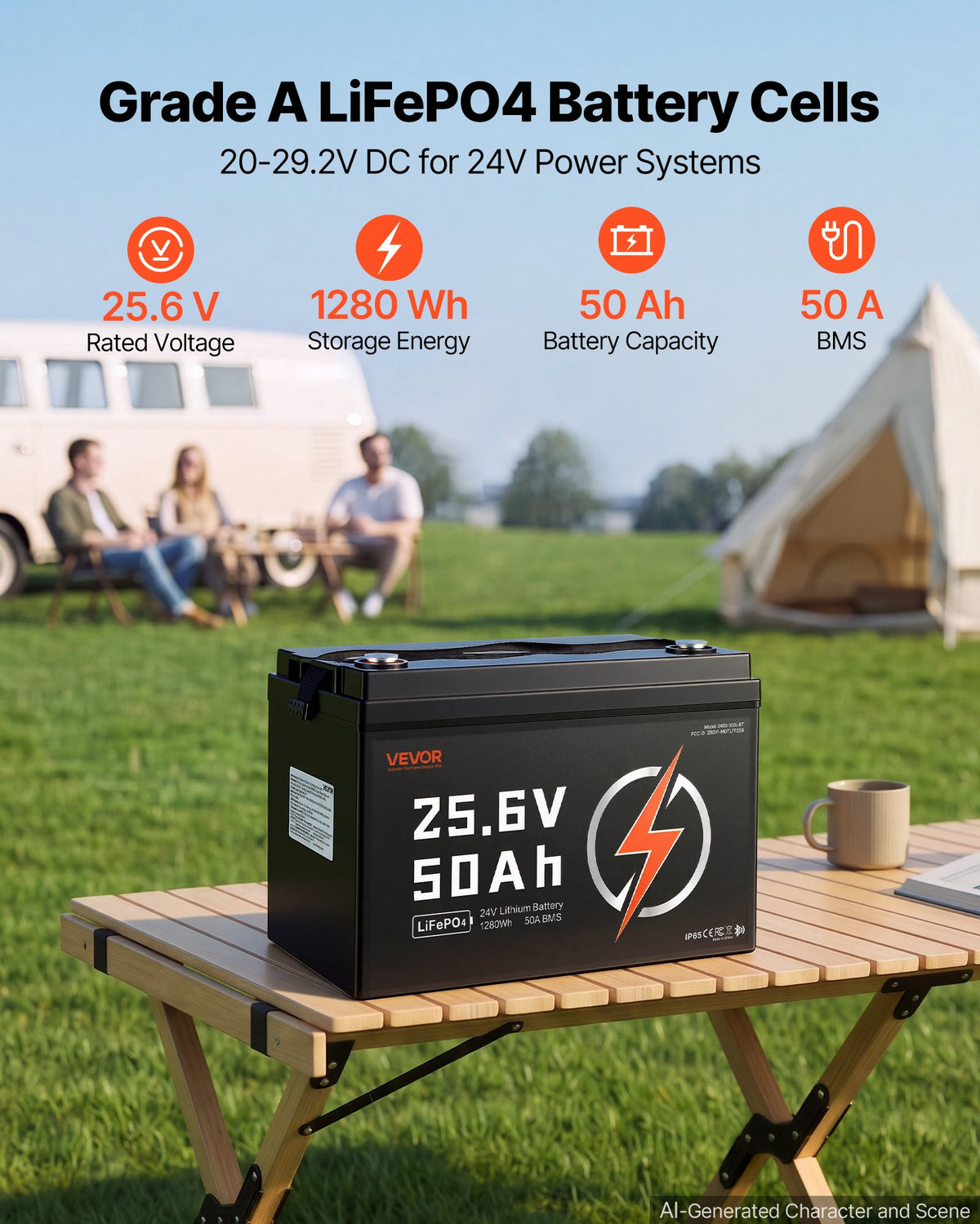 VEVOR 24V 50Ah LiFePO4 Lithium Battery 4000+ Cycles 50A BMS with Bluetooth, 1280Wh Lithium Battery with Low Temperature Protection, Supports 8P2S Connection, for RV, Trolling Motor, Marine, Solar - 24VLDCYLY50A1CZ68001V9 - view 3
