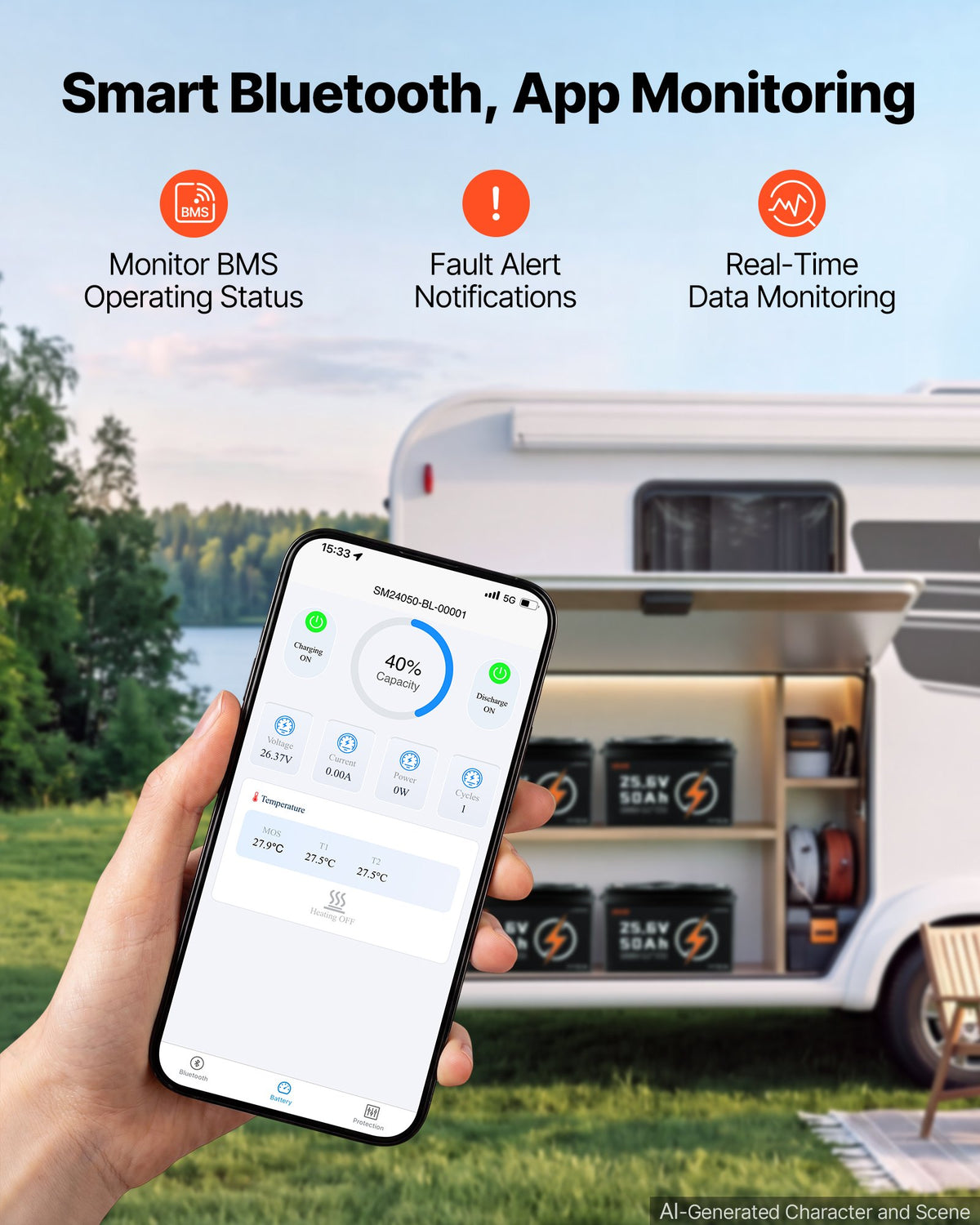VEVOR 24V 50Ah LiFePO4 Lithium Battery 4000+ Cycles 50A BMS with Bluetooth, 1280Wh Lithium Battery with Low Temperature Protection, Supports 8P2S Connection, for RV, Trolling Motor, Marine, Solar - 24VLDCYLY50A1CZ68001V9 - view 6