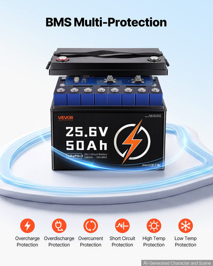 VEVOR 24V 50Ah LiFePO4 Lithium Battery 4000+ Cycles 50A BMS with Bluetooth, 1280Wh Lithium Battery with Low Temperature Protection, Supports 8P2S Connection, for RV, Trolling Motor, Marine, Solar - 24VLDCYLY50A1CZ68001V9 - view 7