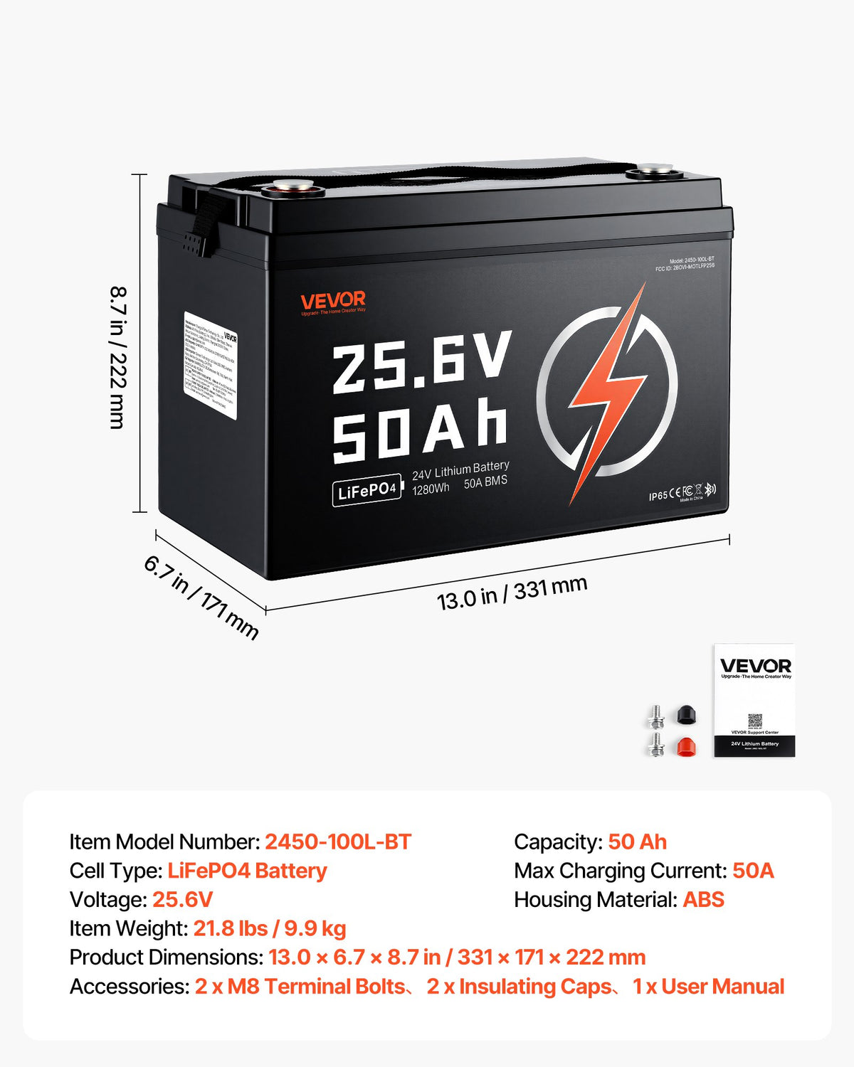 VEVOR 24V 50Ah LiFePO4 Lithium Battery 4000+ Cycles 50A BMS with Bluetooth, 1280Wh Lithium Battery with Low Temperature Protection, Supports 8P2S Connection, for RV, Trolling Motor, Marine, Solar - 24VLDCYLY50A1CZ68001V9 - view 8