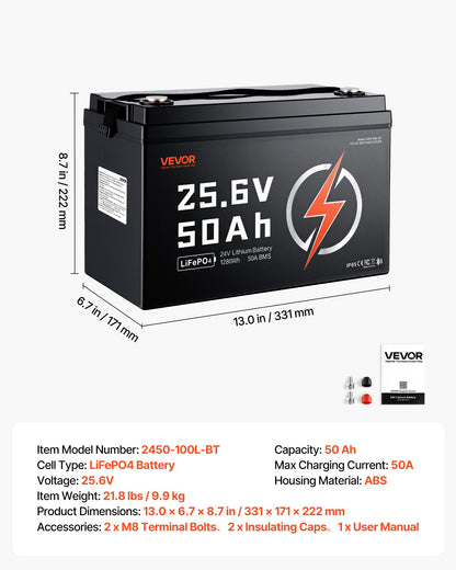 VEVOR 24V 50Ah LiFePO4 Lithium Battery 4000+ Cycles 50A BMS with Bluetooth, 1280Wh Lithium Battery with Low Temperature Protection, Supports 8P2S Connection, for RV, Trolling Motor, Marine, Solar - 24VLDCYLY50A1CZ68001V9 - view 8