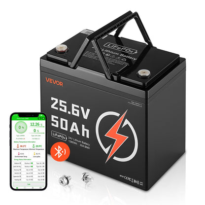 VEVOR 24V 50Ah LiFePO4 Lithium Battery, Bluetooth, Deep Cycle Lithium Rechargeable Battery, Built-in 30A BMS, Low Temp Protection, 4000+ Cycles, Max. 1280Wh, for RV, Camper, Trolling Motors, Marine - 24VLDCYLY50A8XBJV001V9 - view 1
