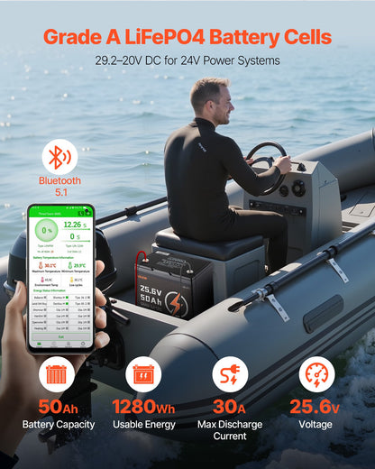 VEVOR 24V 50Ah LiFePO4 Lithium Battery, Bluetooth, Deep Cycle Lithium Rechargeable Battery, Built-in 30A BMS, Low Temp Protection, 4000+ Cycles, Max. 1280Wh, for RV, Camper, Trolling Motors, Marine - 24VLDCYLY50A8XBJV001V9 - view 3