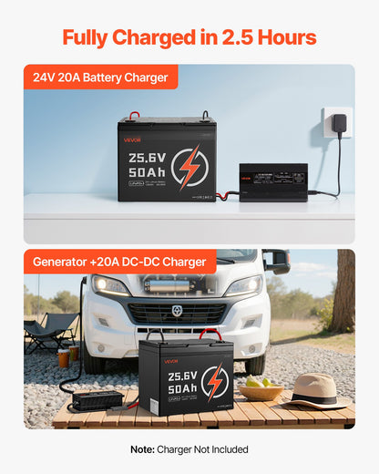 VEVOR 24V 50Ah LiFePO4 Lithium Battery, Bluetooth, Deep Cycle Lithium Rechargeable Battery, Built-in 30A BMS, Low Temp Protection, 4000+ Cycles, Max. 1280Wh, for RV, Camper, Trolling Motors, Marine - 24VLDCYLY50A8XBJV001V9 - view 7