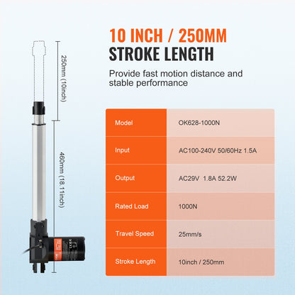 VEVOR Linear Actuator Kit, 10 Inch High Speed 0.98"/s Linear Motion Actuator 24V, 220lbs/1000N Linear Actuator for TV/Table/Sofa Lifting, IP44 Protection - Adapter Power Supply Included - 24VXXZXQ10INE56HBV5 - view 4