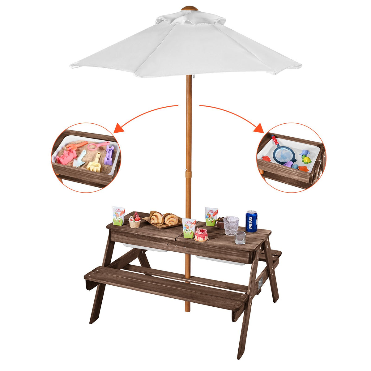 VEVOR Kids Picnic Table with Umbrella, 3-in-1 Sand & Water Table, Outdoor Wooden Table and Bench Set with 2 Trays, 4-People Patio Dining Furniture for Garden, Backyard and Porch (Walnut) - 2DFZ29FTKZDMPDRJRV0 - view 1