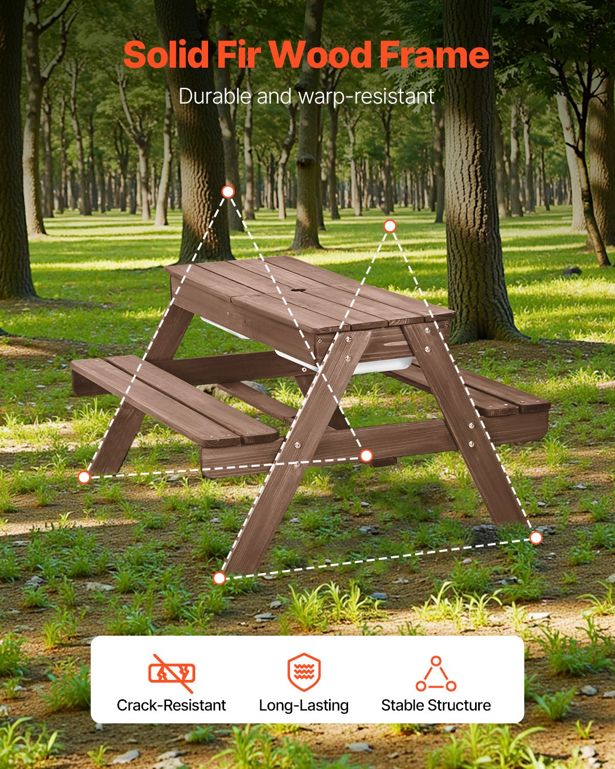 VEVOR Kids Picnic Table with Umbrella, 3-in-1 Sand & Water Table, Outdoor Wooden Table and Bench Set with 2 Trays, 4-People Patio Dining Furniture for Garden, Backyard and Porch (Walnut) - 2DFZ29FTKZDMPDRJRV0 - view 3