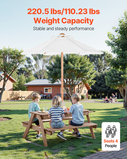 VEVOR Kids Picnic Table with Umbrella, 3-in-1 Sand & Water Table, Outdoor Wooden Table and Bench Set with 2 Trays, 4-People Patio Dining Furniture for Garden, Backyard and Porch (Walnut) - 2DFZ29FTKZDMPDRJRV0 - view 4