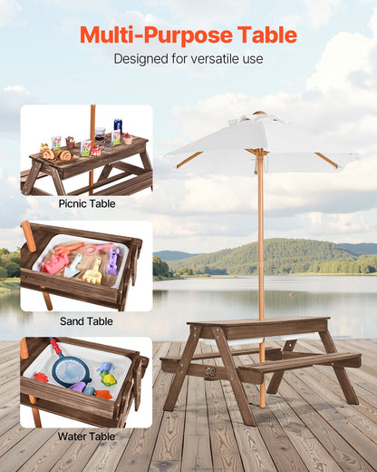 VEVOR Kids Picnic Table with Umbrella, 3-in-1 Sand & Water Table, Outdoor Wooden Table and Bench Set with 2 Trays, 4-People Patio Dining Furniture for Garden, Backyard and Porch (Walnut) - 2DFZ29FTKZDMPDRJRV0 - view 6