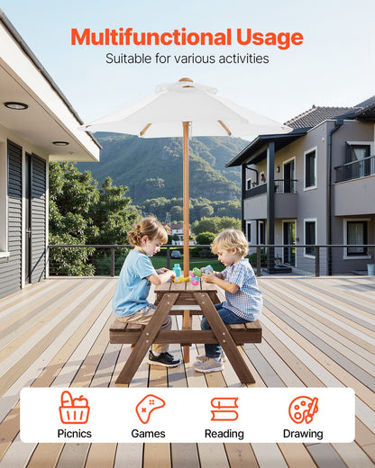 VEVOR Kids Picnic Table with Umbrella, 3-in-1 Sand & Water Table, Outdoor Wooden Table and Bench Set with 2 Trays, 4-People Patio Dining Furniture for Garden, Backyard and Porch (Walnut) - 2DFZ29FTKZDMPDRJRV0 - view 7