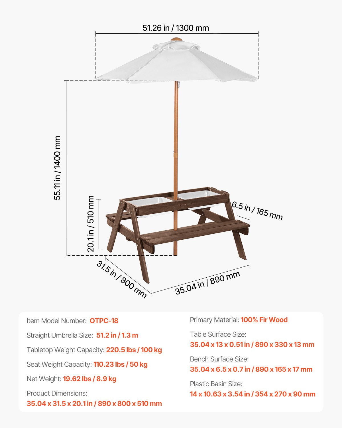 VEVOR Kids Picnic Table with Umbrella, 3-in-1 Sand & Water Table, Outdoor Wooden Table and Bench Set with 2 Trays, 4-People Patio Dining Furniture for Garden, Backyard and Porch (Walnut) - 2DFZ29FTKZDMPDRJRV0 - view 8