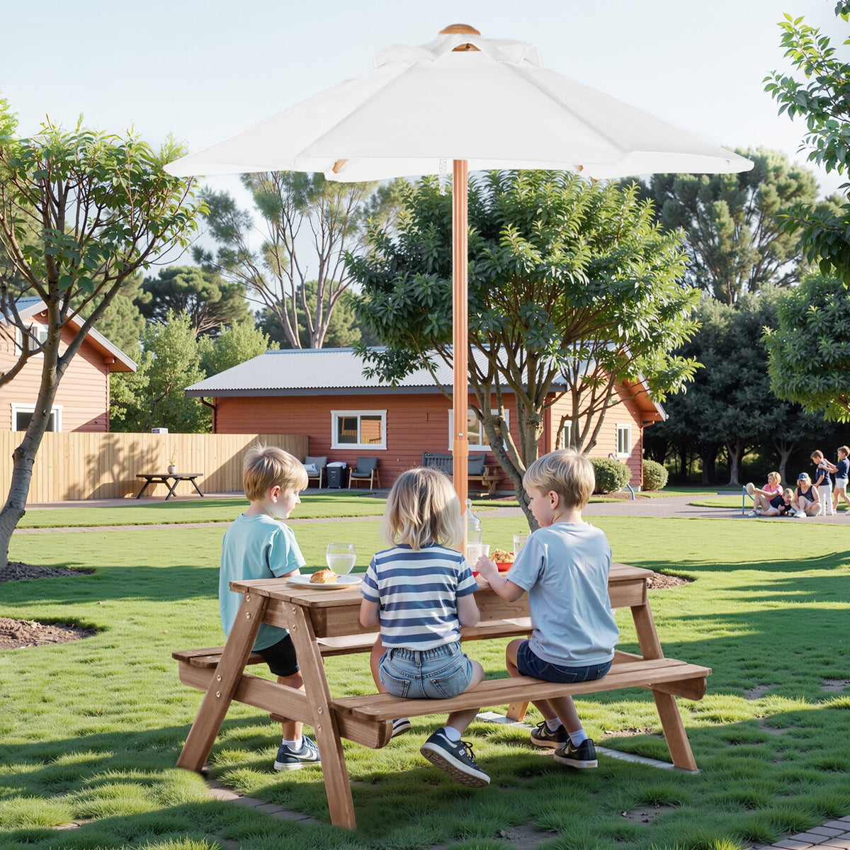VEVOR Kids Picnic Table with Umbrella, 3-in-1 Sand & Water Table, Outdoor Wooden Table and Bench Set with 2 Trays, 4-People Patio Dining Furniture for Garden, Backyard and Porch (Walnut) - 2DFZ29FTKZDMPDRJRV0 - view 9