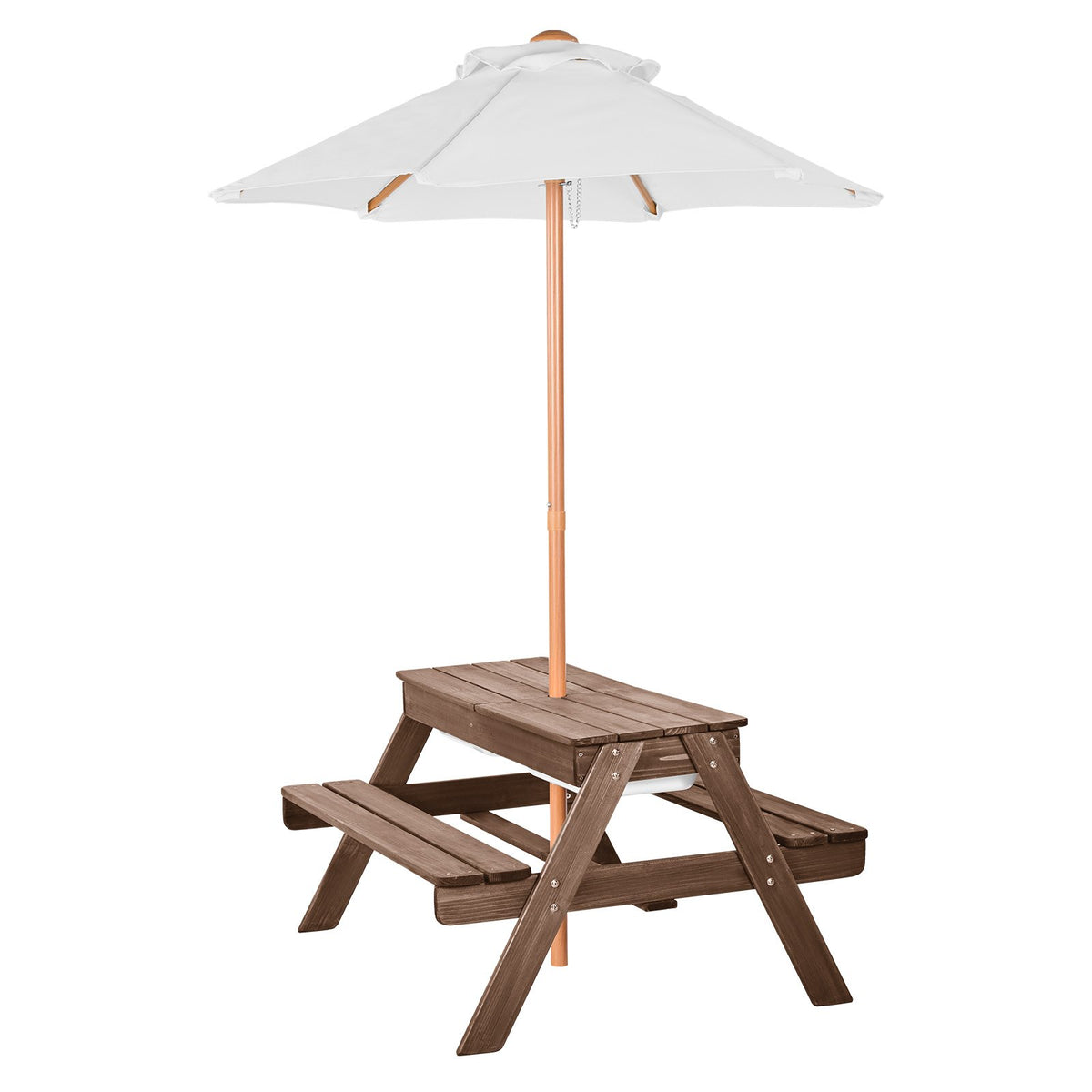 VEVOR Kids Picnic Table with Umbrella, 3-in-1 Sand & Water Table, Outdoor Wooden Table and Bench Set with 2 Trays, 4-People Patio Dining Furniture for Garden, Backyard and Porch (Walnut) - 2DFZ29FTKZDMPDRJRV0 - view 10