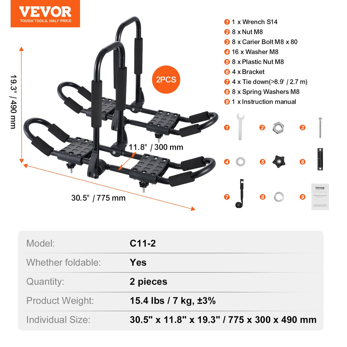 VEVOR Kayak Roof Rack 1 Pair J-Bar, Soft Roof Rack, Top Mount Tie Down, Carrier for kayak, Surf Board, Canoe, SUP, Ski Board, Mount on Car, SUV, Truck, 2 Kayaks - 2H1KHJG2J000BSG1PV0 - view 8