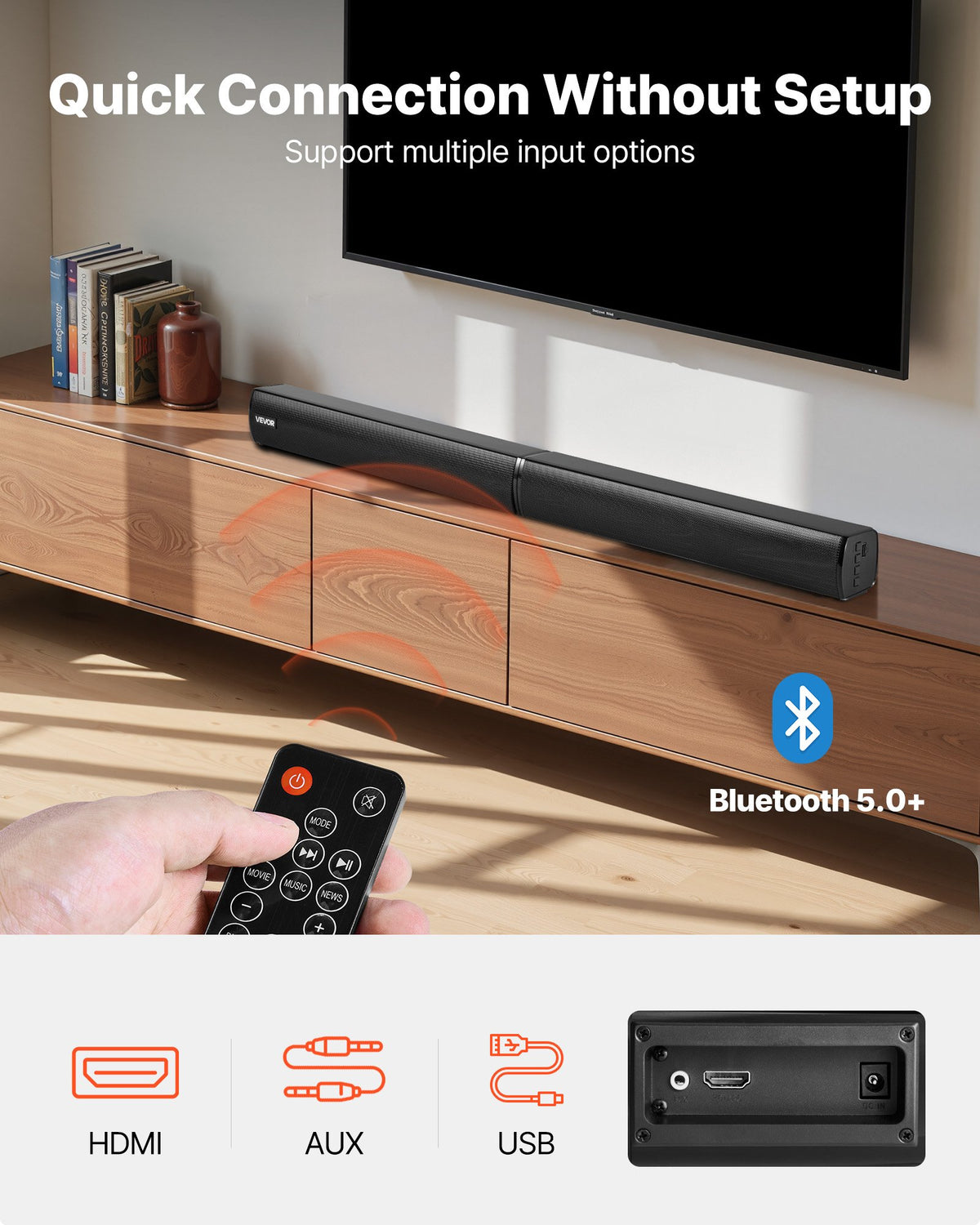 VEVOR Sound Bar for Smart TV, 2.0 Channel, 32-Inch 2 in 1 Detachable Soundbar TV Speakers, with Bluetooth HDMI AUX USB Connection, Remote Control, 80W Surround Sound System, for Home Theater Audio - 2H1STXYX32INZGJVK001V1 - view 4