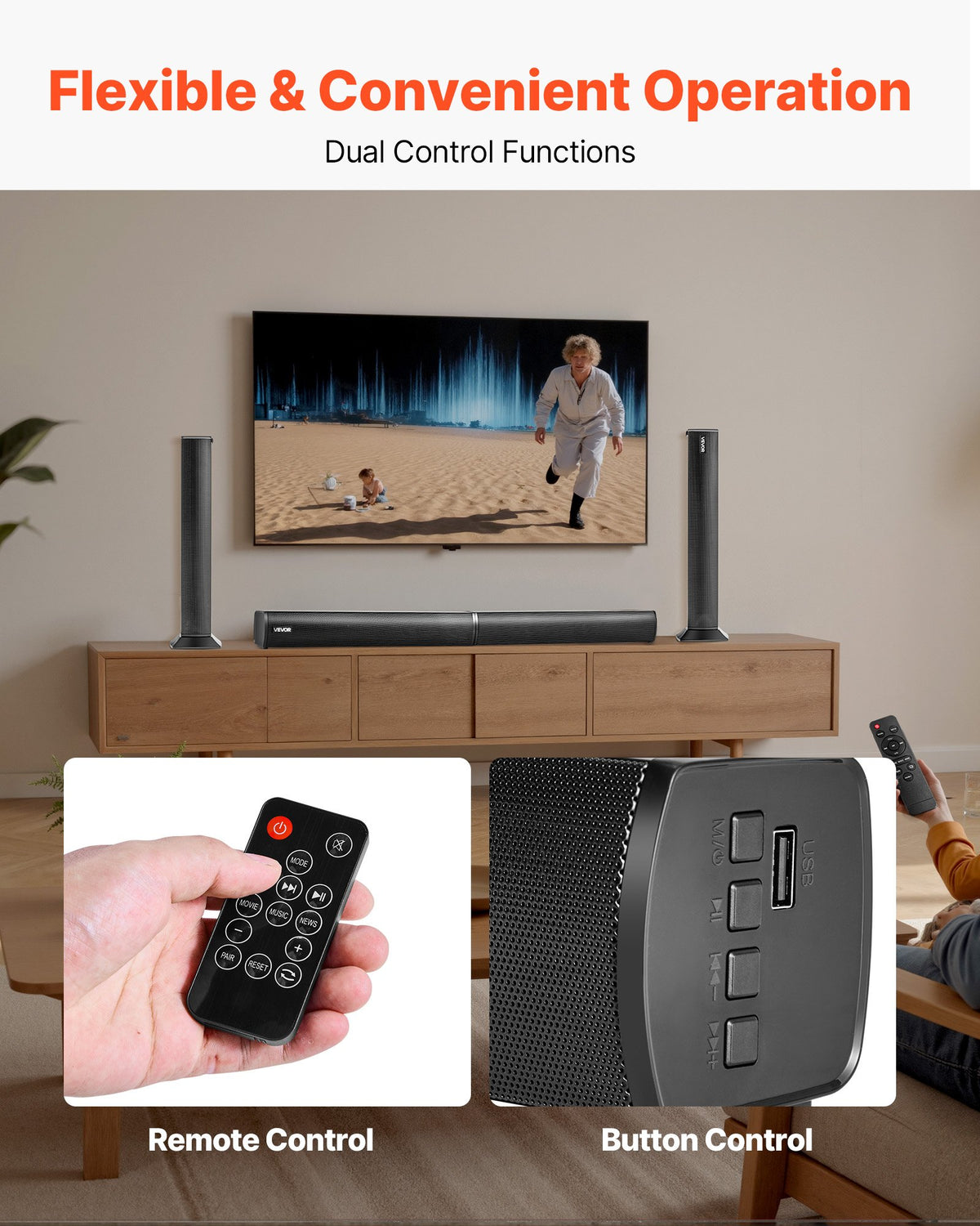 VEVOR Sound Bar for Smart TV, 2.0 Channel, 32-Inch 2 in 1 Detachable Soundbar TV Speakers, with Bluetooth HDMI AUX USB Connection, Remote Control, 80W Surround Sound System, for Home Theater Audio - 2H1STXYX32INZGJVK001V1 - view 6