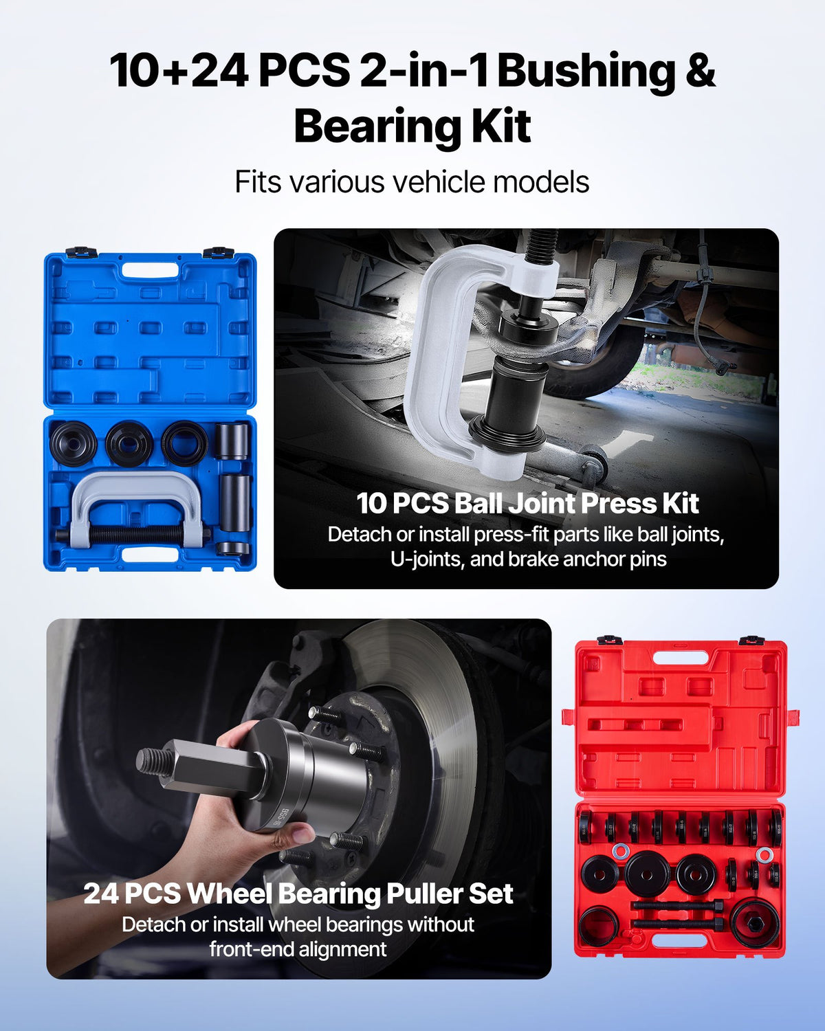 VEVOR Bearing Press Kit, 10+24 Pcs, 2 in 1 Ball Joint Press & Wheel Bearing Puller Kit, Race and Seal Driver Set with 13 Bushings, C-Frame and Sleeves, Heavy Duty Removal Installation Set with Case - 2H1ZCCT10JT2I40X6001V0 - view 3