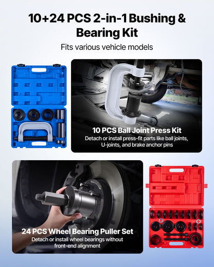 VEVOR Bearing Press Kit, 10+24 Pcs, 2 in 1 Ball Joint Press & Wheel Bearing Puller Kit, Race and Seal Driver Set with 13 Bushings, C-Frame and Sleeves, Heavy Duty Removal Installation Set with Case - 2H1ZCCT10JT2I40X6001V0 - view 3