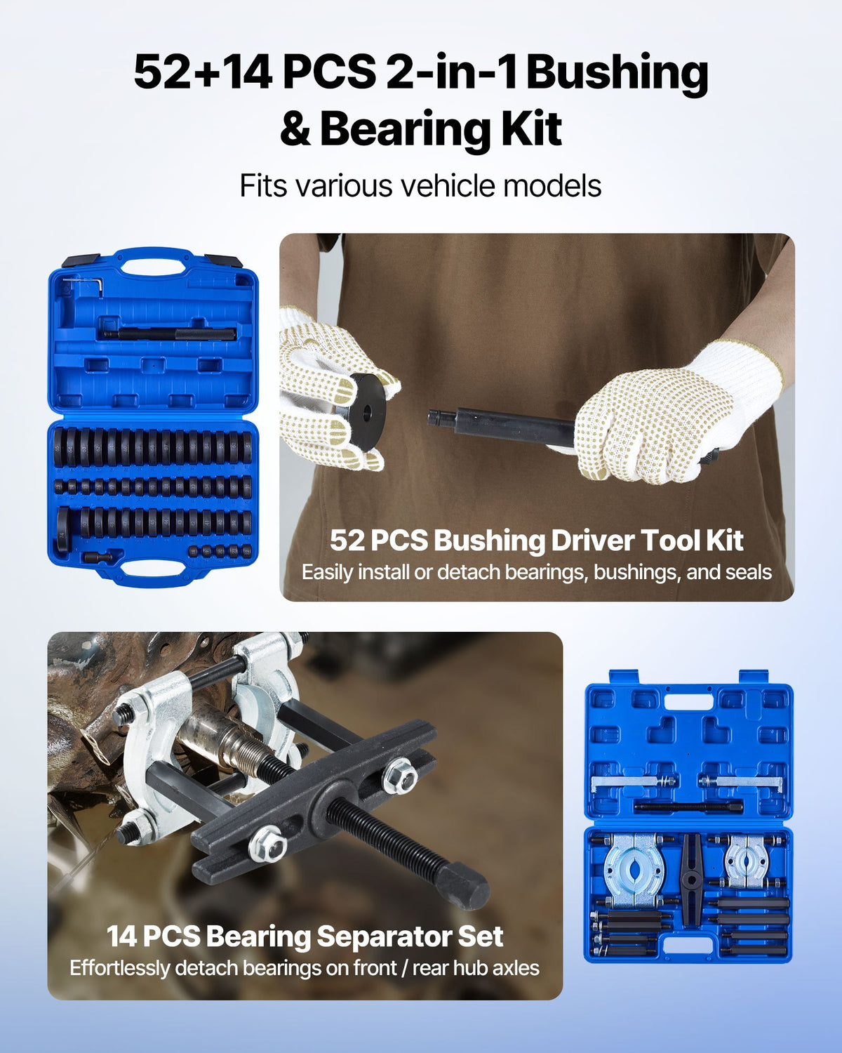 VEVOR Bearing Press Kit, 52+14 Pcs, 2 in 1 Bushing Driver Tool & Bearing Press Kit, Race and Seal Driver Set with 49 Bushings, Separators and Jaws, Heavy Duty Removal Installation Tool Set with Case - 2H1ZCCT52JT1LUXXE001V0 - view 3