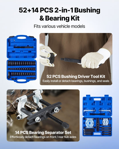 VEVOR Bearing Press Kit, 52+14 Pcs, 2 in 1 Bushing Driver Tool & Bearing Press Kit, Race and Seal Driver Set with 49 Bushings, Separators and Jaws, Heavy Duty Removal Installation Tool Set with Case - 2H1ZCCT52JT1LUXXE001V0 - view 3