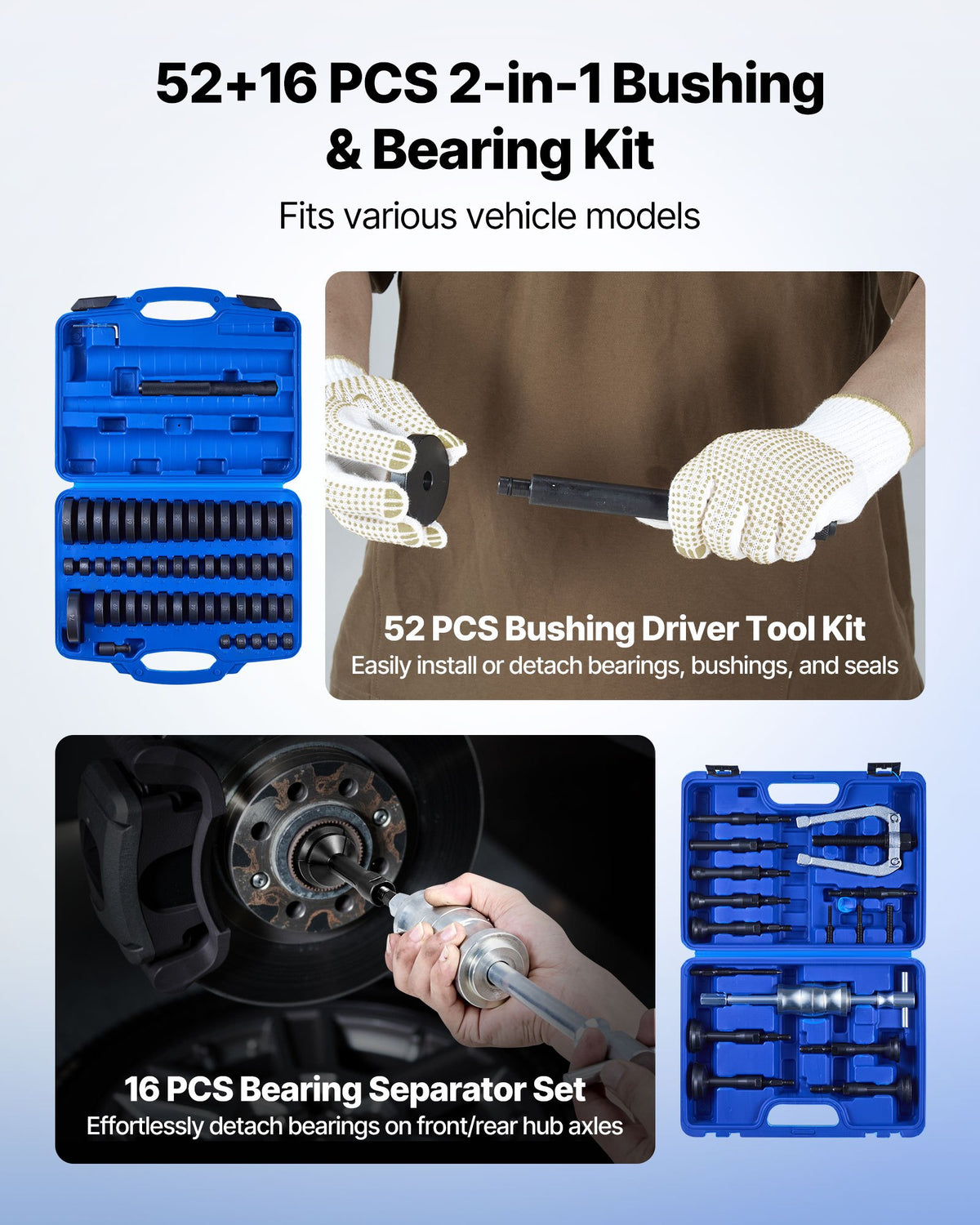 VEVOR Bearing Press Kit, 52+16 Pcs, 2 in 1 Bushing Driver Tool & Bearing Press Kit, Race and Seal Driver Set with 49 Bushings, 10 Collets, Slide Hammer, Heavy Duty Removal Installation Set with Case - 2H1ZCCT52JT1LWFL2001V0 - view 3