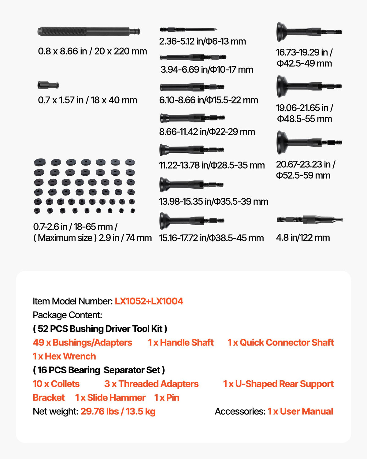 VEVOR Bearing Press Kit, 52+16 Pcs, 2 in 1 Bushing Driver Tool & Bearing Press Kit, Race and Seal Driver Set with 49 Bushings, 10 Collets, Slide Hammer, Heavy Duty Removal Installation Set with Case - 2H1ZCCT52JT1LWFL2001V0 - view 8