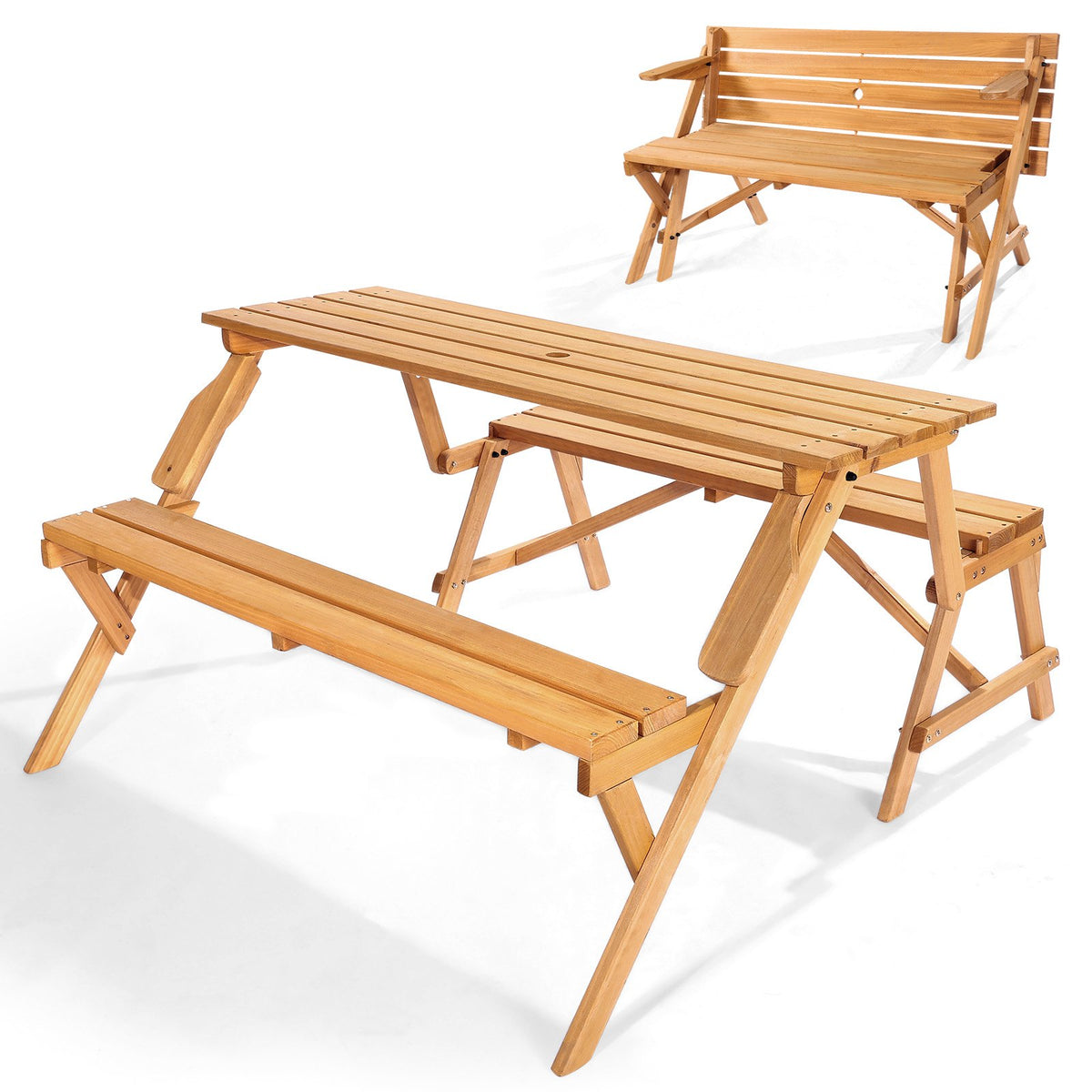 VEVOR 2-in-1 Transforming Interchangeable Picnic Table, Outdoor Wooden Table and Bench Set, Portable Foldable Bench with Umbrella Hole, Patio Dining Furniture for Garden, Backyard, Porch (Brown) - 2HYKBXYCZ45FP7QYPV0 - view 1