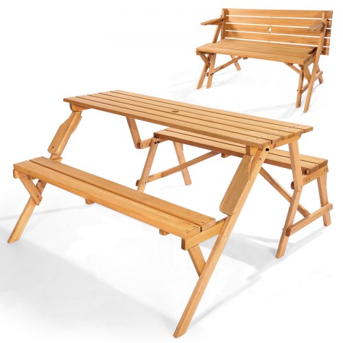 VEVOR 2-in-1 Transforming Interchangeable Picnic Table, Outdoor Wooden Table and Bench Set, Portable Foldable Bench with Umbrella Hole, Patio Dining Furniture for Garden, Backyard, Porch (Brown) - 2HYKBXYCZ45FP7QYPV0 - view 2