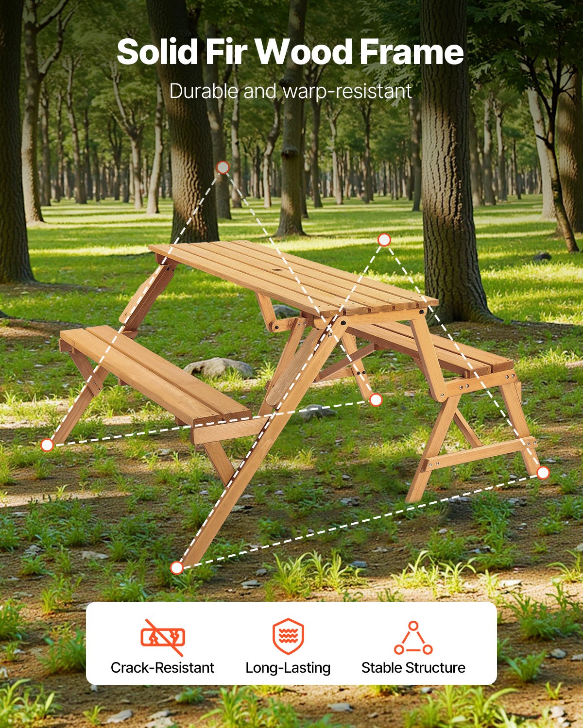 VEVOR 2-in-1 Transforming Interchangeable Picnic Table, Outdoor Wooden Table and Bench Set, Portable Foldable Bench with Umbrella Hole, Patio Dining Furniture for Garden, Backyard, Porch (Brown) - 2HYKBXYCZ45FP7QYPV0 - view 3