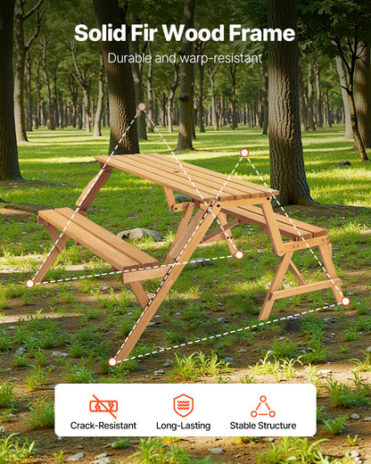 VEVOR 2-in-1 Transforming Interchangeable Picnic Table, Outdoor Wooden Table and Bench Set, Portable Foldable Bench with Umbrella Hole, Patio Dining Furniture for Garden, Backyard, Porch (Brown) - 2HYKBXYCZ45FP7QYPV0 - view 3