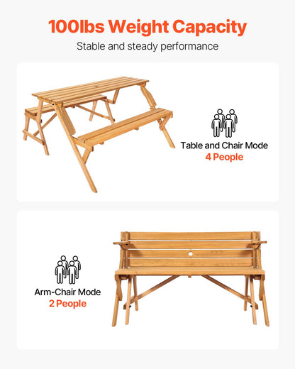VEVOR 2-in-1 Transforming Interchangeable Picnic Table, Outdoor Wooden Table and Bench Set, Portable Foldable Bench with Umbrella Hole, Patio Dining Furniture for Garden, Backyard, Porch (Brown) - 2HYKBXYCZ45FP7QYPV0 - view 4