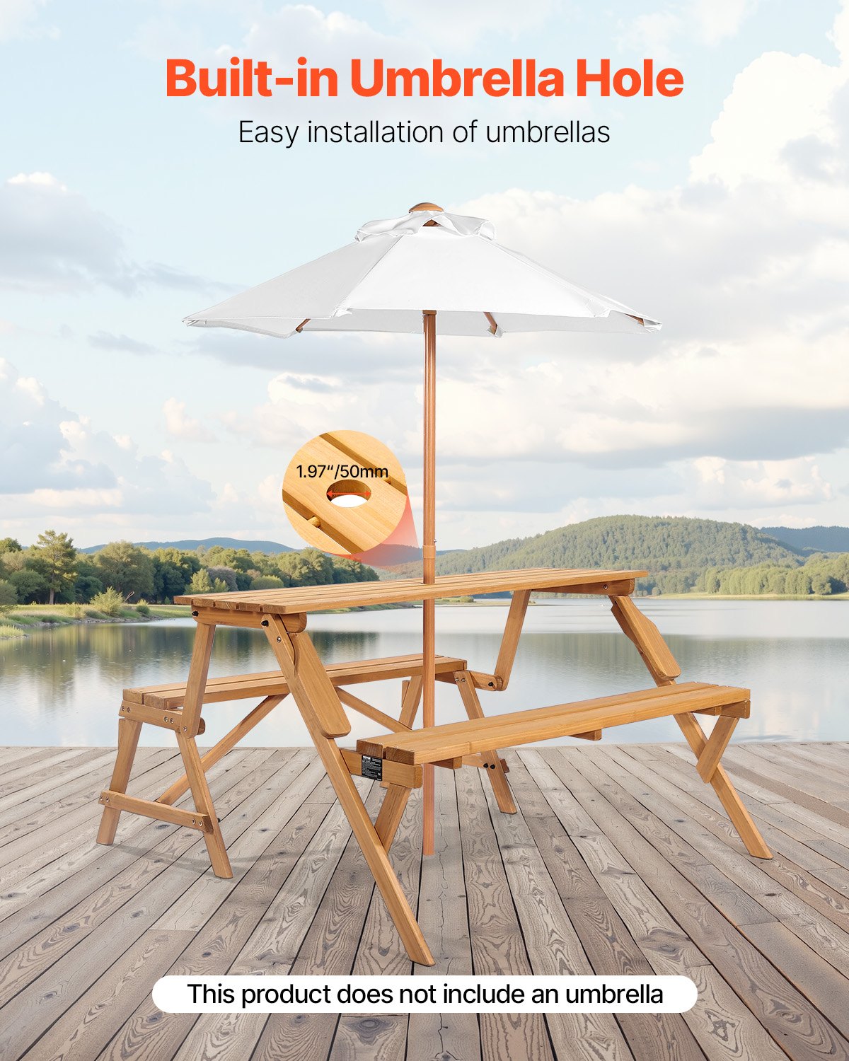 VEVOR 2-in-1 Transforming Interchangeable Picnic Table, Outdoor Wooden Table and Bench Set, Portable Foldable Bench with Umbrella Hole, Patio Dining Furniture for Garden, Backyard, Porch (Brown) - 2HYKBXYCZ45FP7QYPV0 - view 5