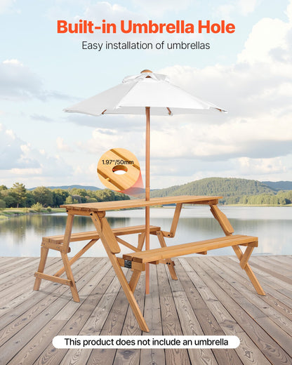 VEVOR 2-in-1 Transforming Interchangeable Picnic Table, Outdoor Wooden Table and Bench Set, Portable Foldable Bench with Umbrella Hole, Patio Dining Furniture for Garden, Backyard, Porch (Brown) - 2HYKBXYCZ45FP7QYPV0 - view 5