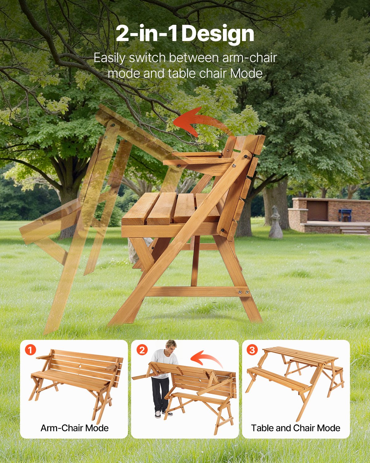 VEVOR 2-in-1 Transforming Interchangeable Picnic Table, Outdoor Wooden Table and Bench Set, Portable Foldable Bench with Umbrella Hole, Patio Dining Furniture for Garden, Backyard, Porch (Brown) - 2HYKBXYCZ45FP7QYPV0 - view 6