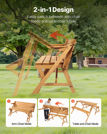 VEVOR 2-in-1 Transforming Interchangeable Picnic Table, Outdoor Wooden Table and Bench Set, Portable Foldable Bench with Umbrella Hole, Patio Dining Furniture for Garden, Backyard, Porch (Brown) - 2HYKBXYCZ45FP7QYPV0 - view 6