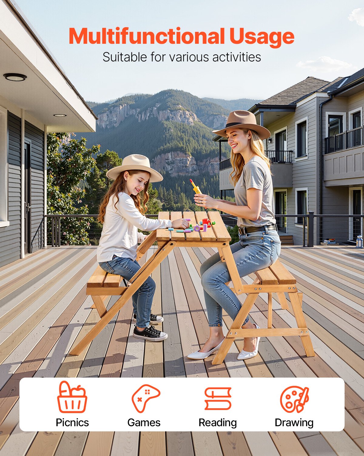VEVOR 2-in-1 Transforming Interchangeable Picnic Table, Outdoor Wooden Table and Bench Set, Portable Foldable Bench with Umbrella Hole, Patio Dining Furniture for Garden, Backyard, Porch (Brown) - 2HYKBXYCZ45FP7QYPV0 - view 7