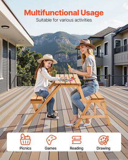 VEVOR 2-in-1 Transforming Interchangeable Picnic Table, Outdoor Wooden Table and Bench Set, Portable Foldable Bench with Umbrella Hole, Patio Dining Furniture for Garden, Backyard, Porch (Brown) - 2HYKBXYCZ45FP7QYPV0 - view 7