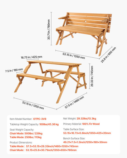 VEVOR 2-in-1 Transforming Interchangeable Picnic Table, Outdoor Wooden Table and Bench Set, Portable Foldable Bench with Umbrella Hole, Patio Dining Furniture for Garden, Backyard, Porch (Brown) - 2HYKBXYCZ45FP7QYPV0 - view 8