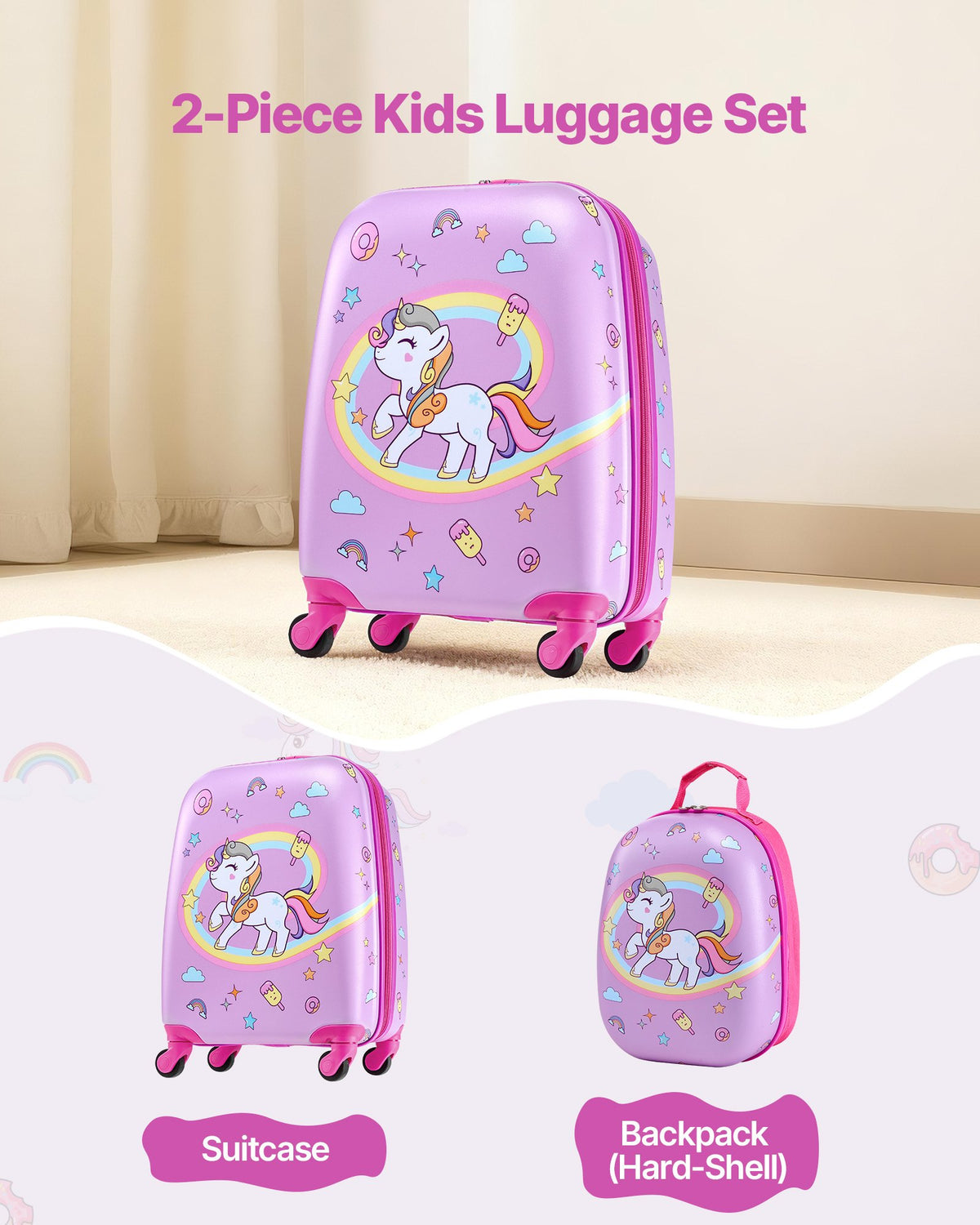 VEVOR Kids Luggage Set, 2 Piece, 18 Inch Hardside Rolling Wheels Suitcase with Hard-Shell Backpack, Unicorn Kids Carry on Luggage Set, Holiday Birthday Gift for Girls & Boys, Airline Approved - 2JTETXLX2PCS9S1IW001V0 - view 3
