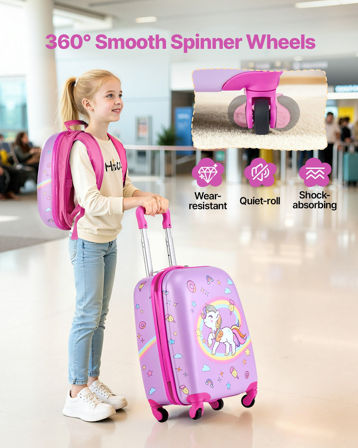 VEVOR Kids Luggage Set, 2 Piece, 18 Inch Hardside Rolling Wheels Suitcase with Hard-Shell Backpack, Unicorn Kids Carry on Luggage Set, Holiday Birthday Gift for Girls & Boys, Airline Approved - 2JTETXLX2PCS9S1IW001V0 - view 5