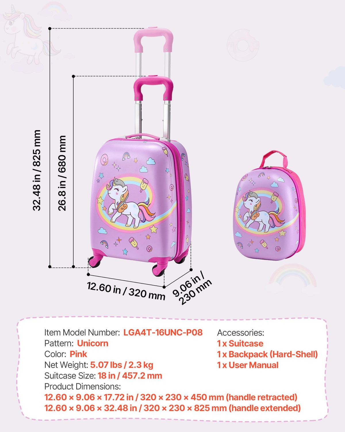 VEVOR Kids Luggage Set, 2 Piece, 18 Inch Hardside Rolling Wheels Suitcase with Hard-Shell Backpack, Unicorn Kids Carry on Luggage Set, Holiday Birthday Gift for Girls & Boys, Airline Approved - 2JTETXLX2PCS9S1IW001V0 - view 8