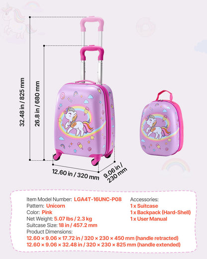 VEVOR Kids Luggage Set, 2 Piece, 18 Inch Hardside Rolling Wheels Suitcase with Hard-Shell Backpack, Unicorn Kids Carry on Luggage Set, Holiday Birthday Gift for Girls & Boys, Airline Approved - 2JTETXLX2PCS9S1IW001V0 - view 8