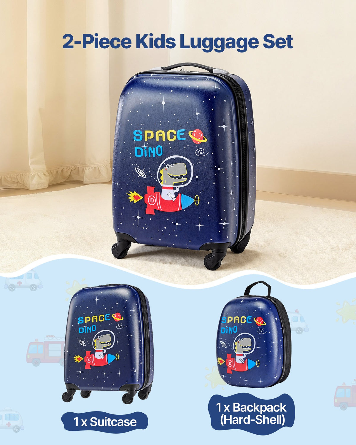 VEVOR Kids Luggage Set, 2 Piece, 18 Inch Hardside Rolling Wheels Suitcase with Hard-Shell Backpack, Dinosaur Kids Carry on Luggage Set, Holiday Birthday Gift for Girls & Boys, Airline Approved - 2JTETXLX2PCSJ0HWG001V0 - view 3